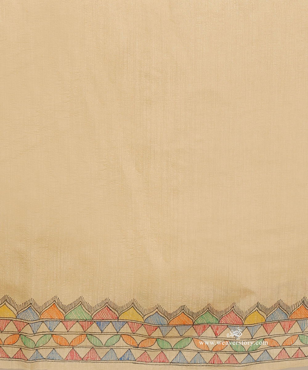 Beige gold handloom Chanderi with a delicate multicoloured Madhubani border.