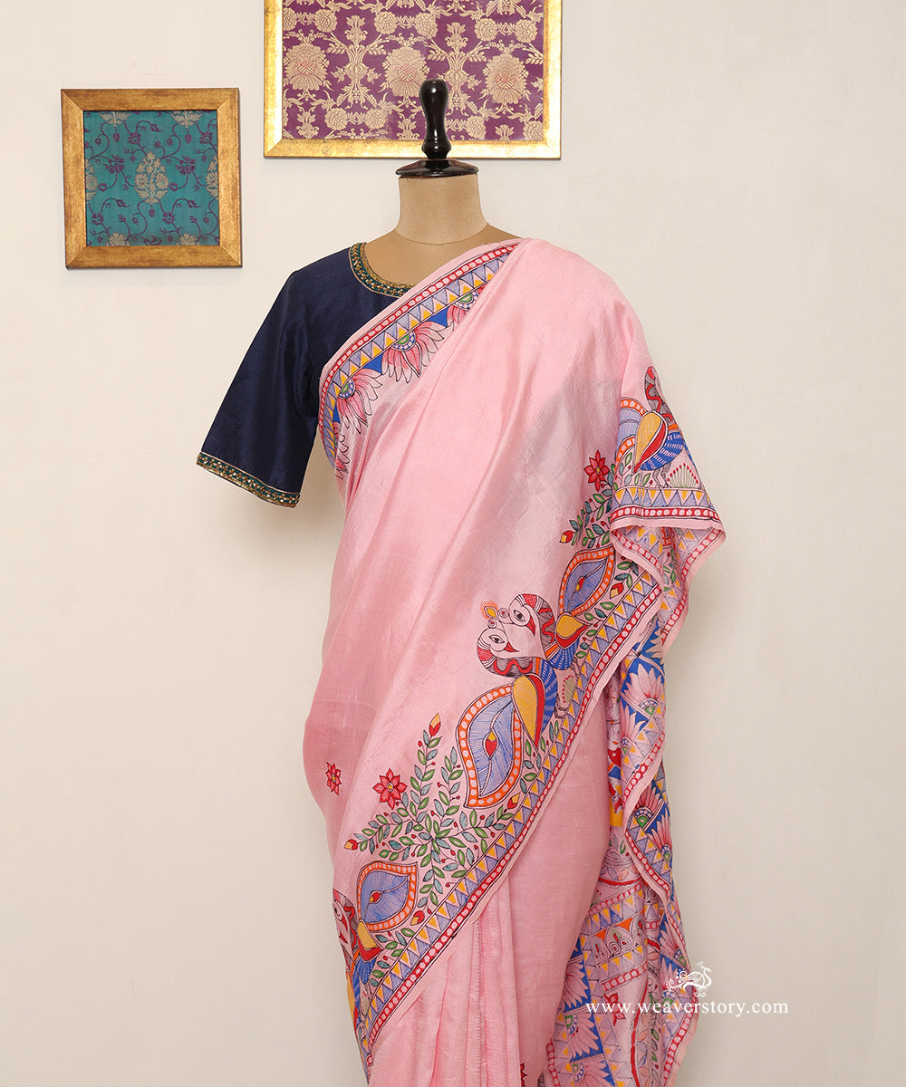 Shoulder drape showing the finely painted Madhubani bird border on light pink Chanderi.