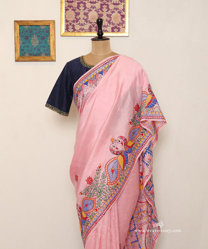 Shoulder drape showing the finely painted Madhubani bird border on light pink Chanderi.