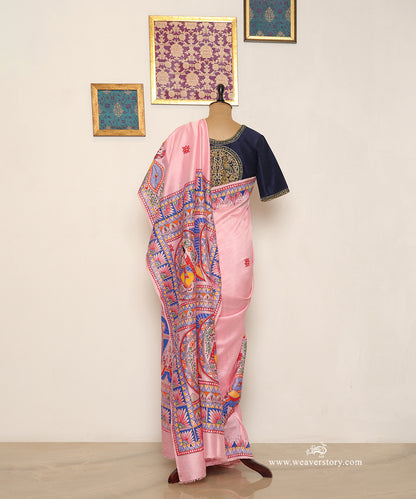 Light Pink Handloom Chanderi Madhubani Krishna Saree – Pre Order
