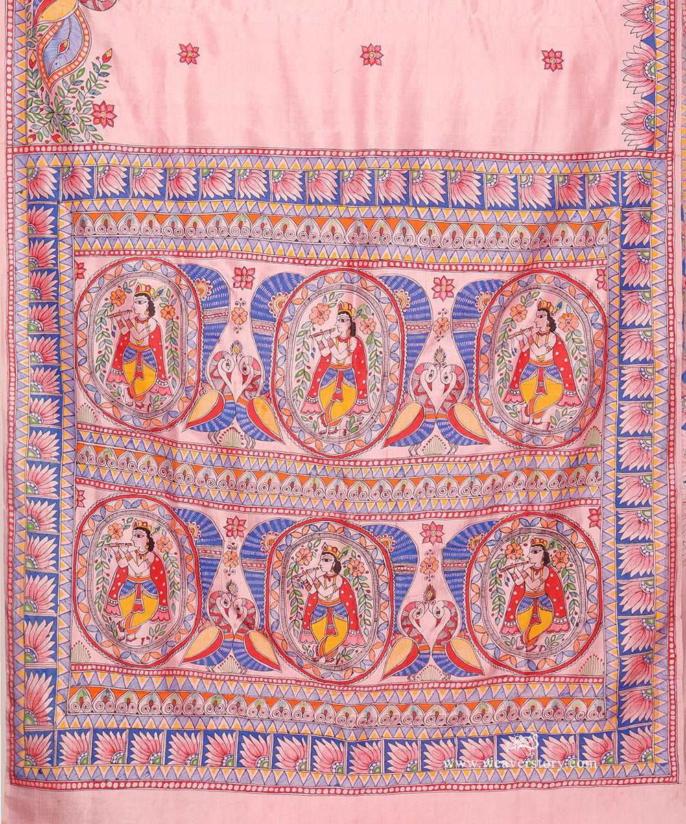 Hand-painted Madhubani pallu with repeated images of Lord Krishna playing his flute, framed by floral bands.