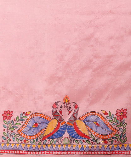 Paired Madhubani birds with intricate blue-and-orange feathers on a light pink saree border.