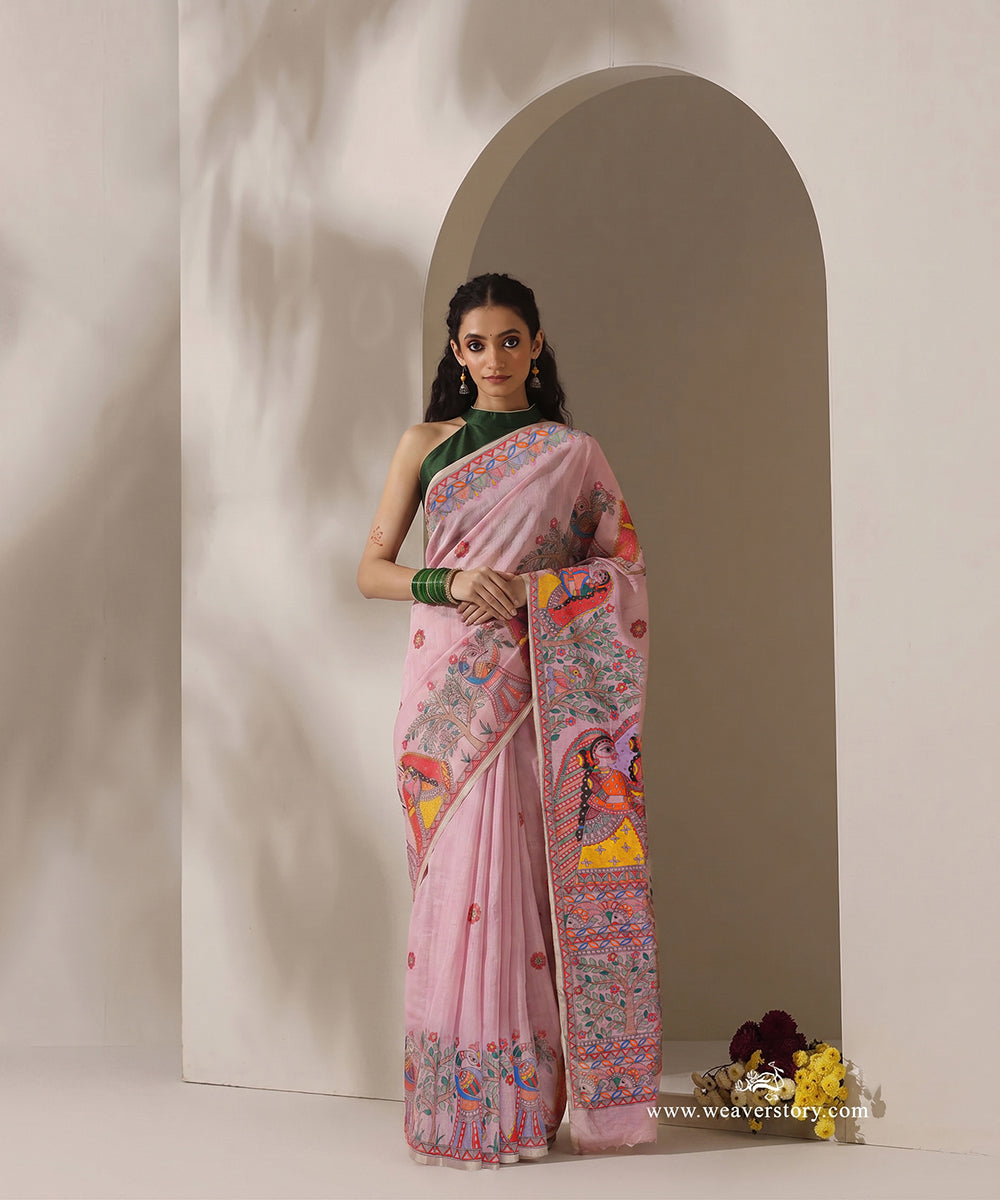 Model wearing a mauve Chanderi Madhubani saree depicting Tree of Life worship.