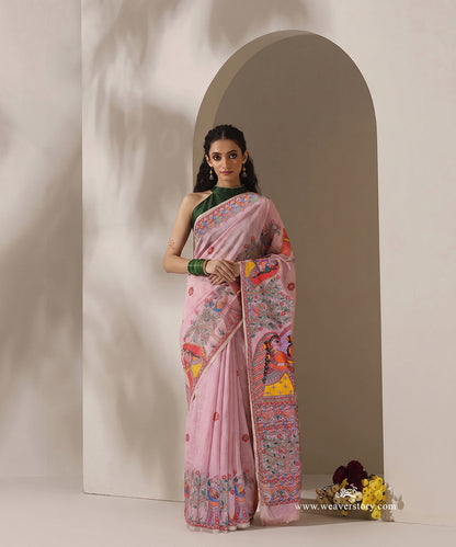Model wearing a mauve Chanderi Madhubani saree depicting Tree of Life worship.