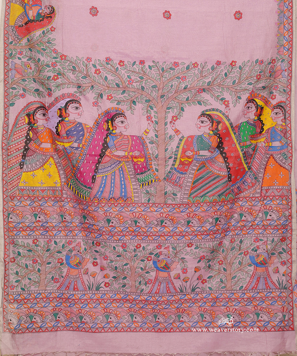 Hand-painted village women with raised hands and offerings beneath the Tree of Life.