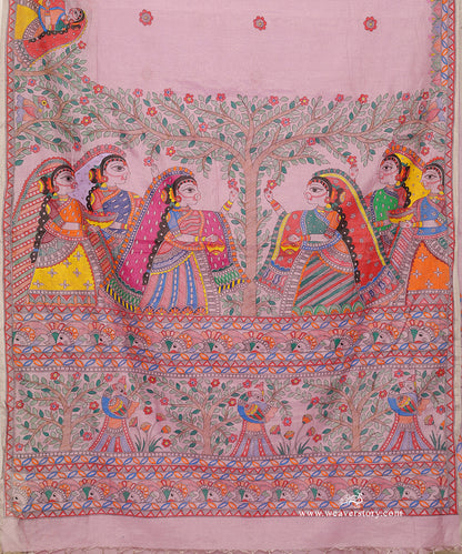 Hand-painted village women with raised hands and offerings beneath the Tree of Life.