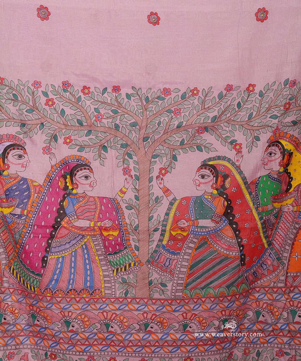 Mauve Handloom Chanderi Madhubani Tree of Life Saree – Pre Order