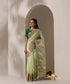 Pastel green handloom Chanderi with a painted border of red-and-yellow flowers, green leaves and small coloured triangles.