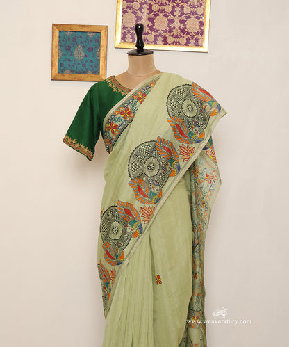 Pastel Green Handloom Chanderi Saree with Madhubani Bird Painting – Pre Order