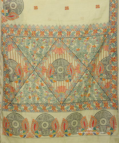 Close-up of Madhubani bird painting with fine dark lines, orange feathers, teal leaves and red-and-yellow flowers.