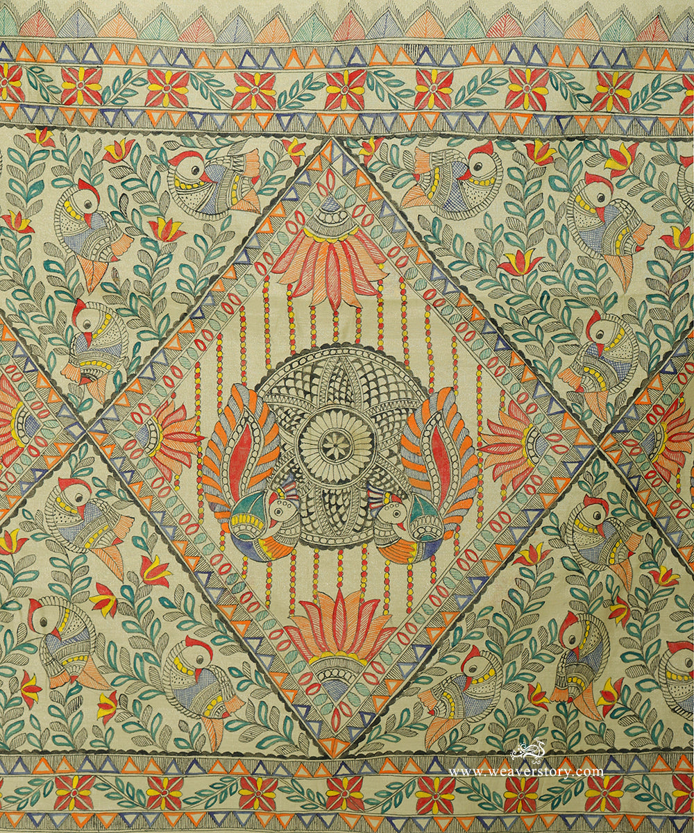 Pastel Green Handloom Chanderi Saree with Madhubani Bird Painting – Pre Order