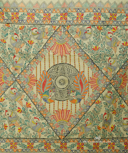 Pastel Green Handloom Chanderi Saree with Madhubani Bird Painting – Pre Order