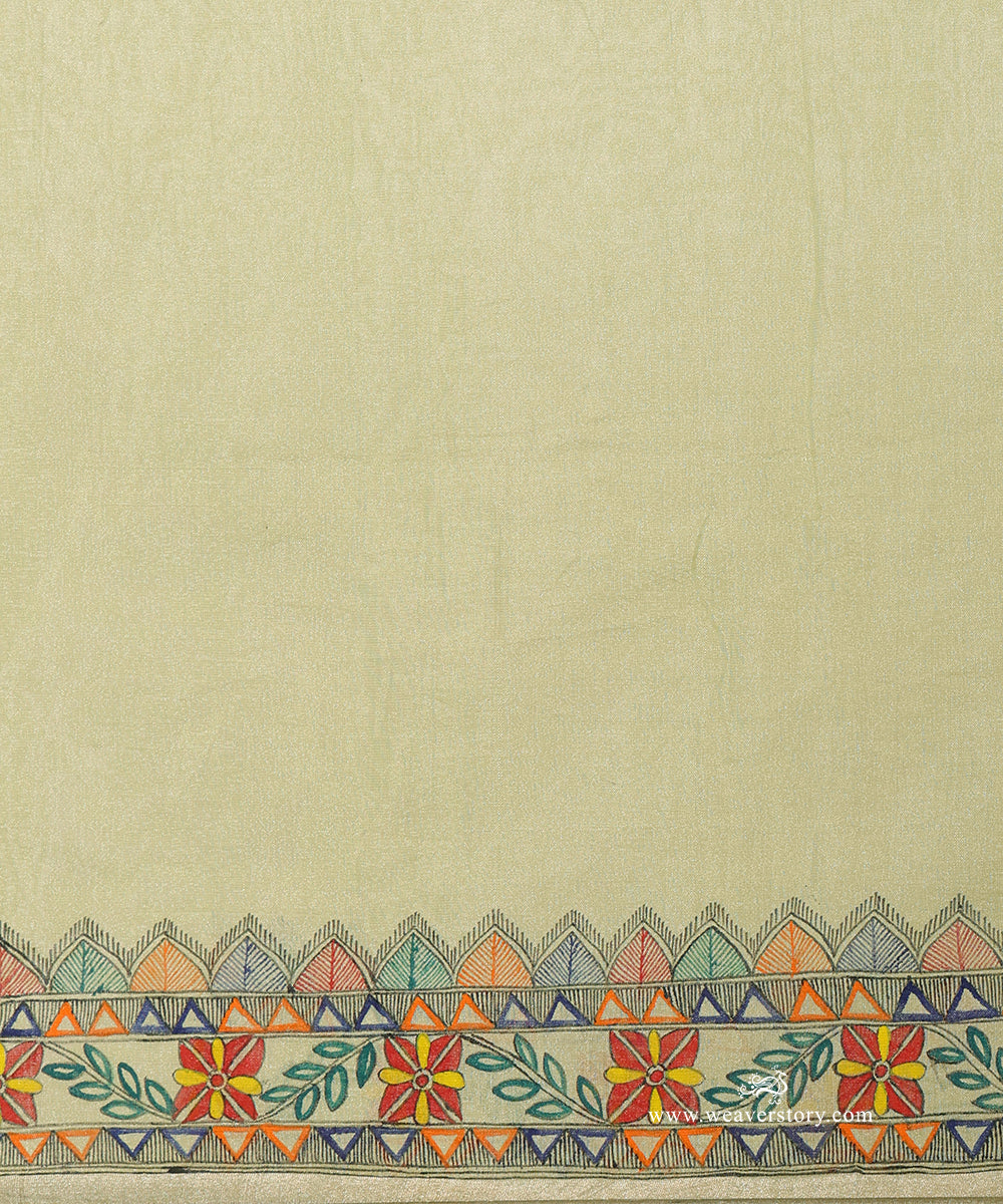 Pastel Green Handloom Chanderi Saree with Madhubani Bird Painting – Pre Order