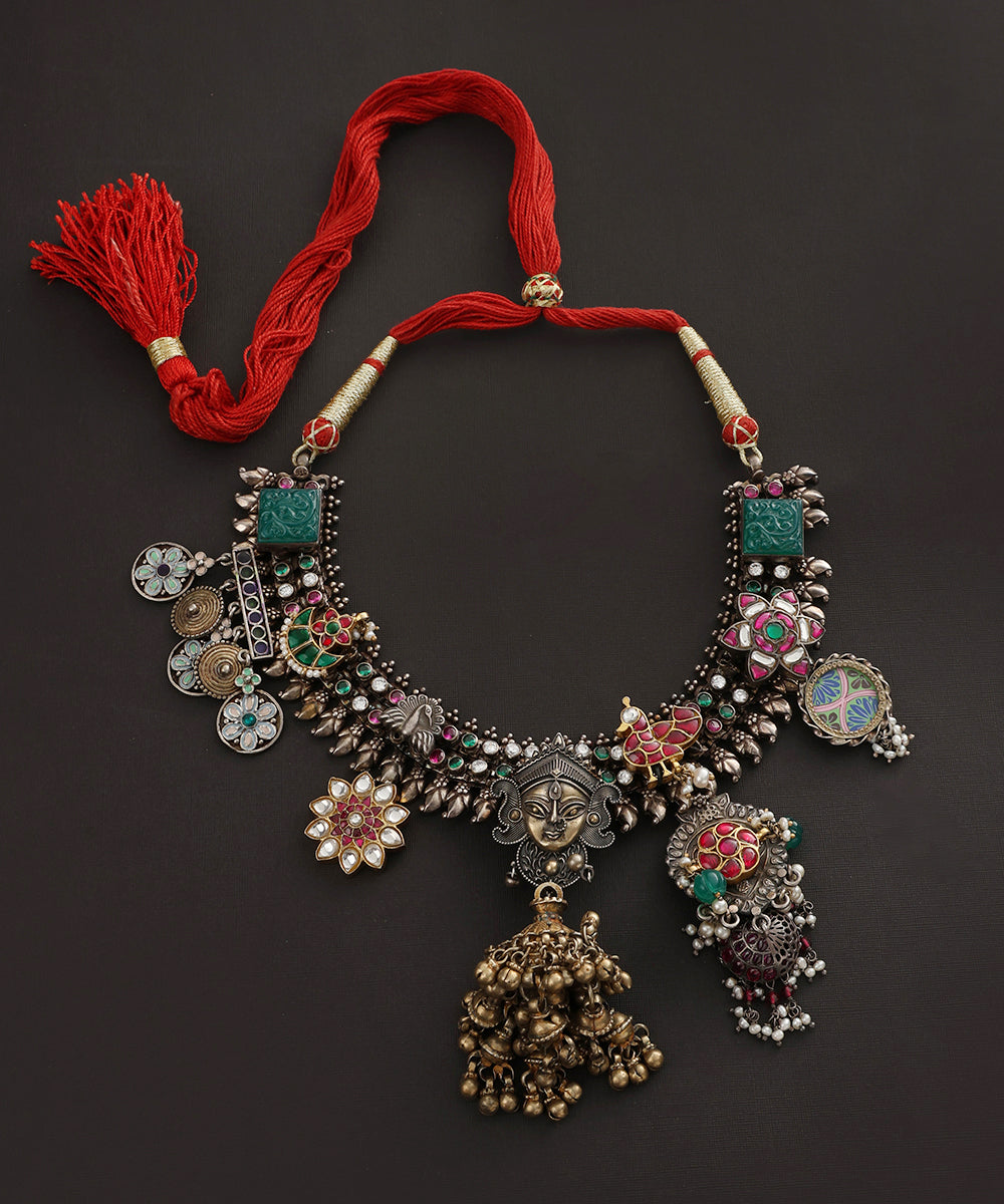 Haimavati_Handcrafted_Oxidised_Pure_Silver_Necklace_With_Multicolor_Kundan_WeaverStory_02