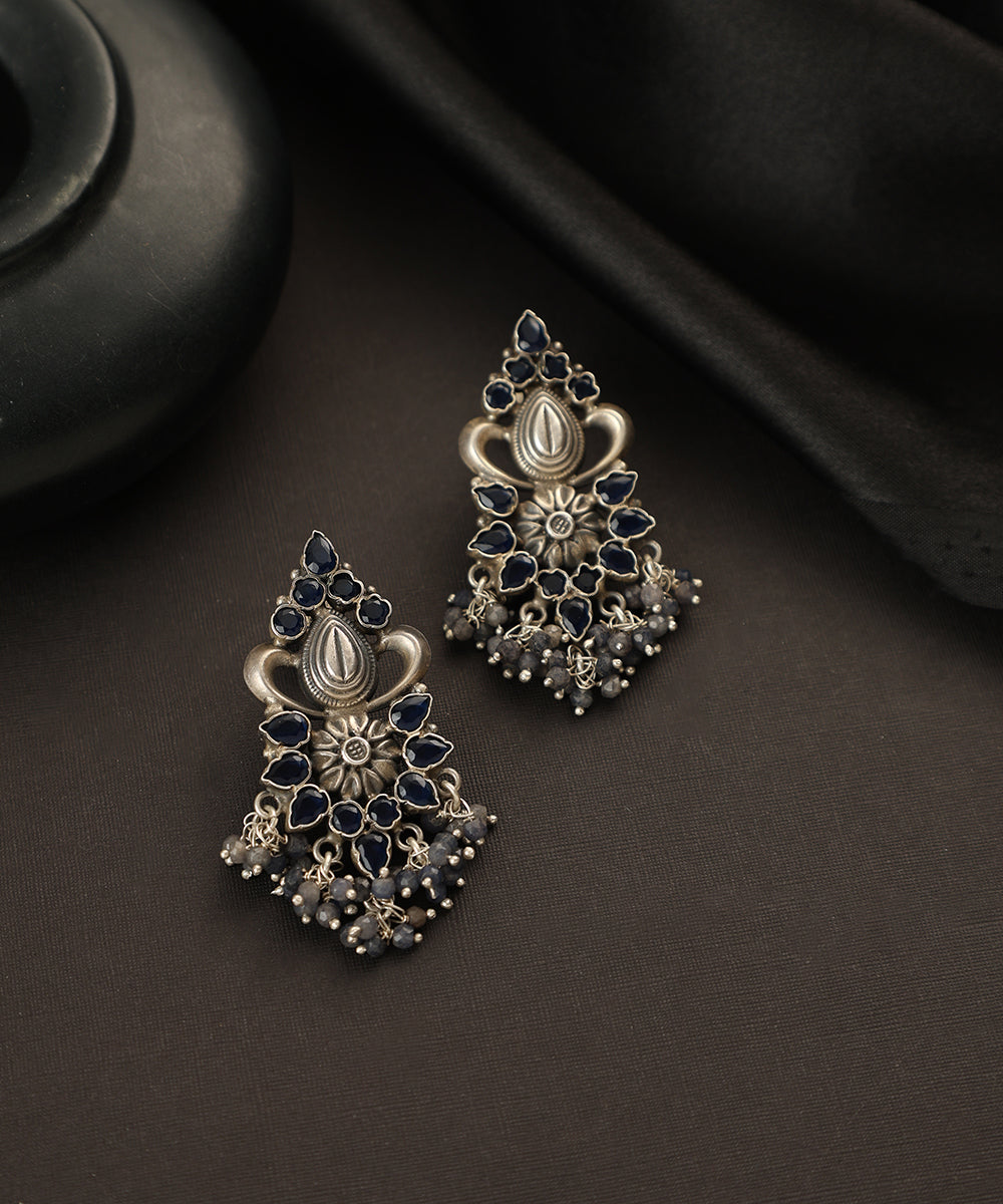 Shobit_Handcrafted_Oxidised_Pure_Silver_Blue_Sapphire_Earrings_WeaverStory_01