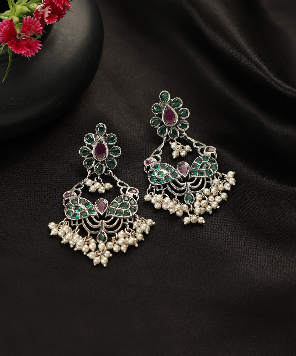 Sabira_Handcrafted_Oxidised_Pure_Silver_Earrings_With_Multicolor_Kempstones_WeaverStory_01