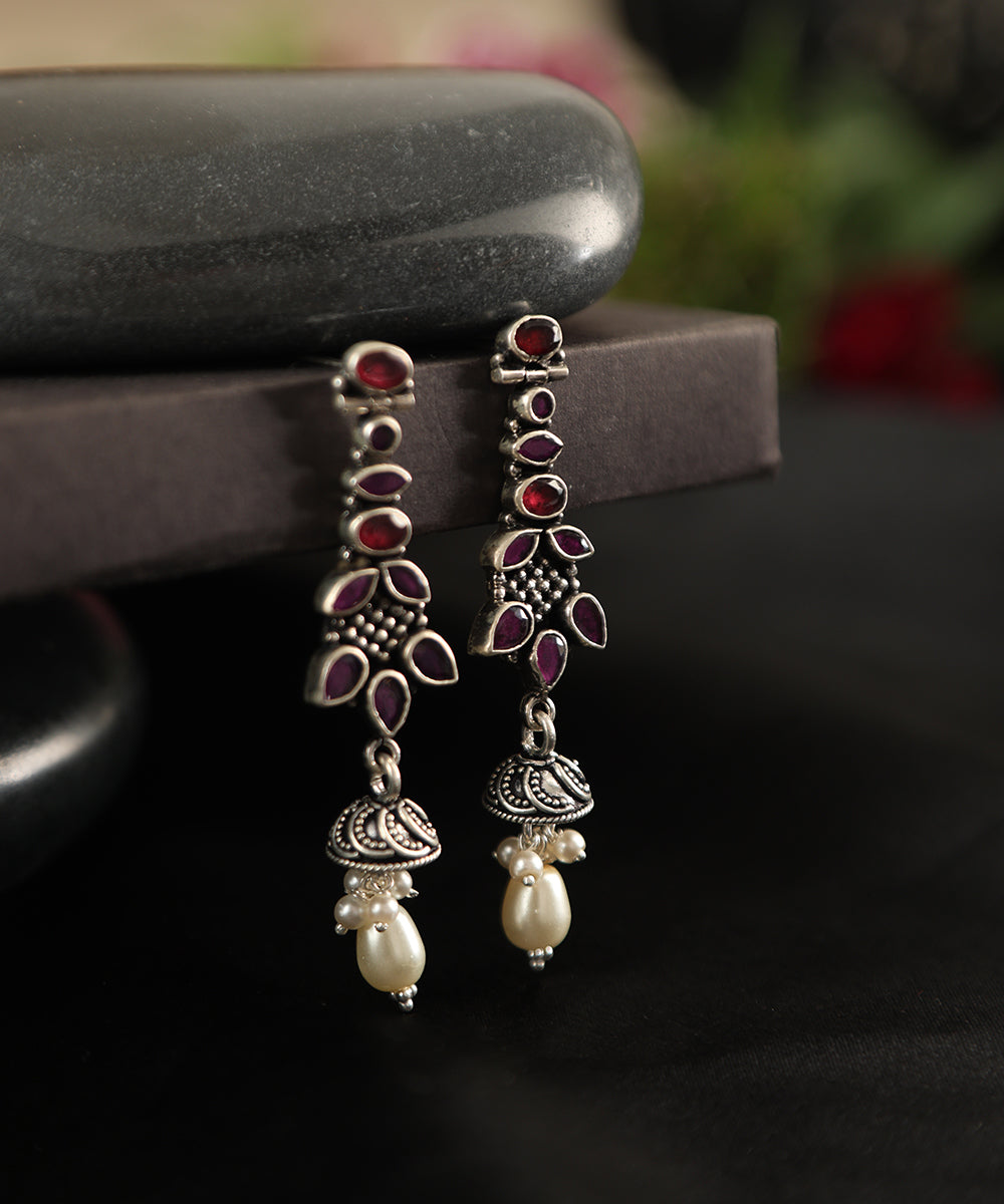 Shirin_Handcrafted_Oxidised_Pure_Silver_Earrings_With_Ruby_And_Pearls_WeaverStory_01