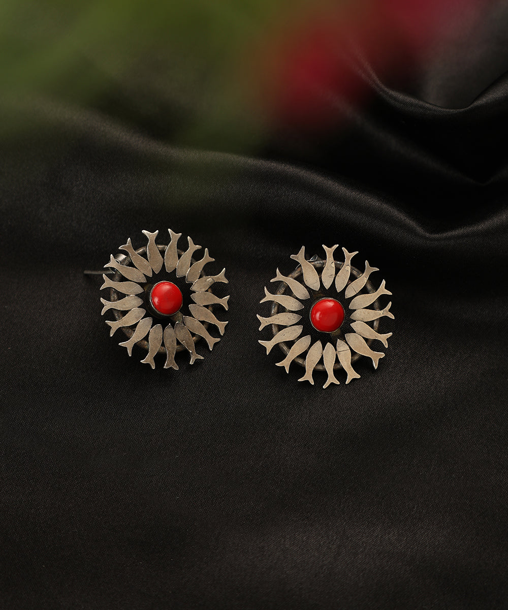 Mikhail_Handcrafted_Oxidised_Pure_Silver_Coral_Earrings_WeaverStory_01