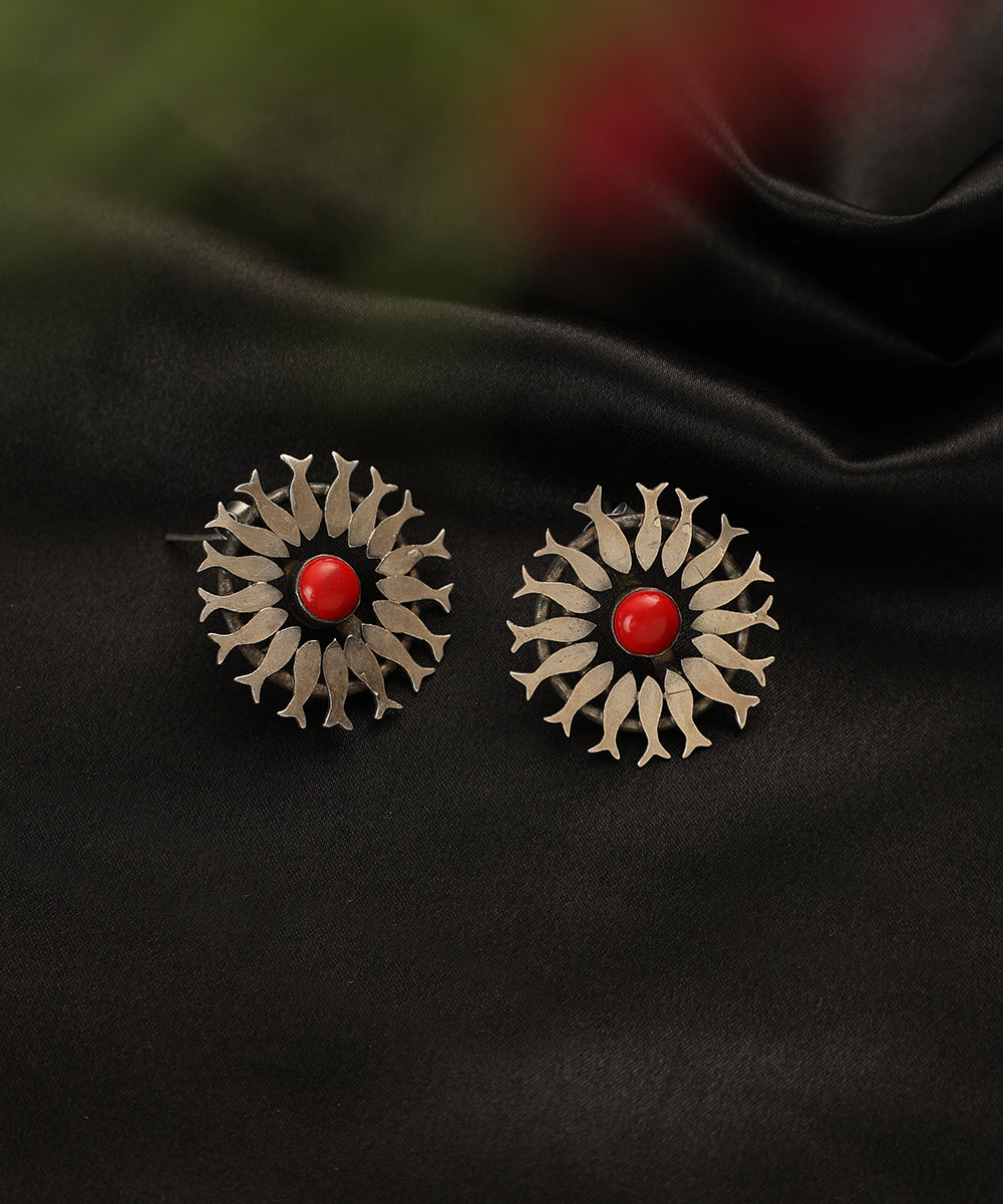 Mikhail_Handcrafted_Oxidised_Pure_Silver_Coral_Earrings_WeaverStory_01