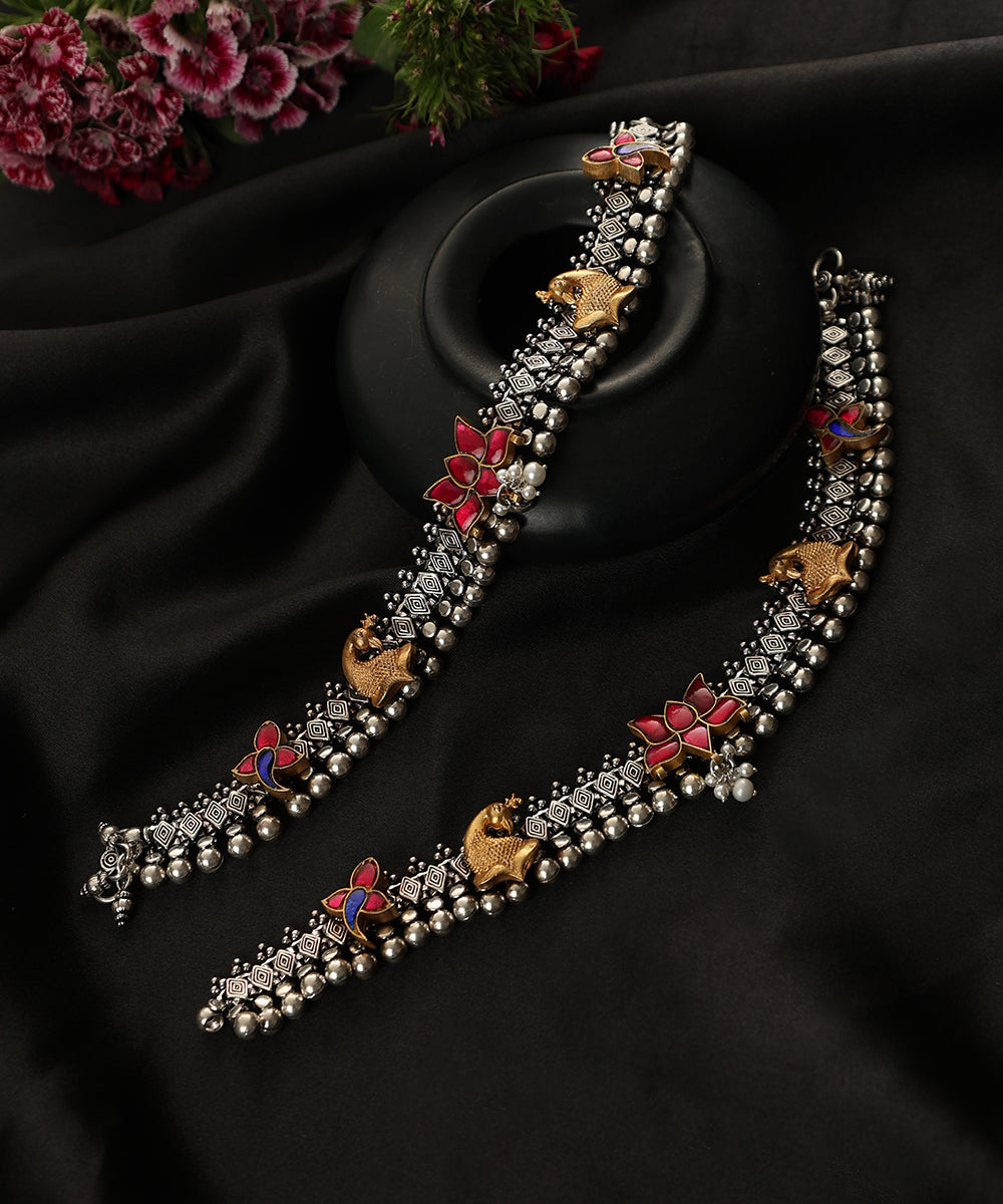 Eijaz_Handcrafted_Oxidised_Pure_Silver_Anklets_With_Peacock_And_Lotus_Motifs_WeaverStory_01