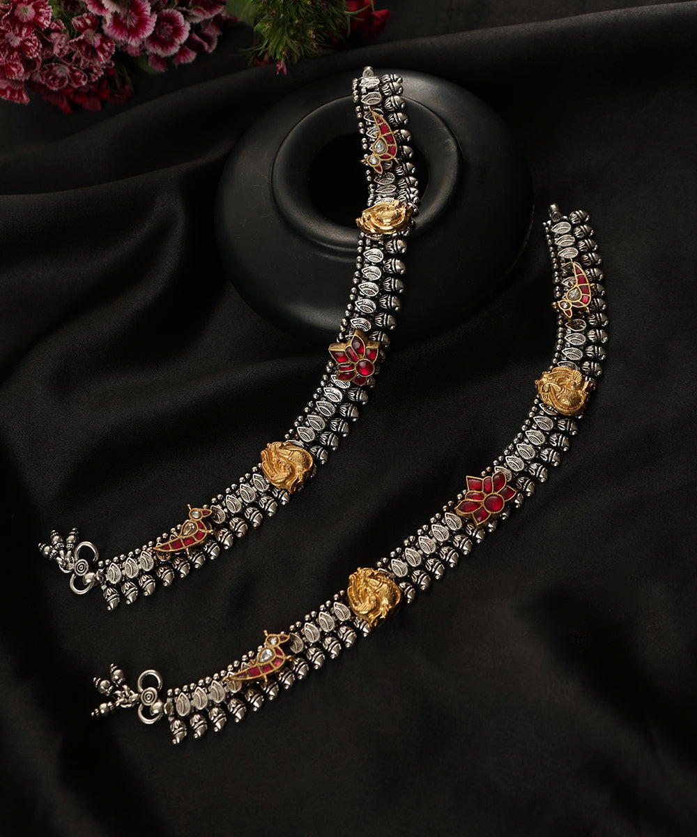 Yazid_Handcrafted_Oxidised_Pure_Silver_Anklets_With_Peacock_And_Lotus_Motifs_WeaverStory_01
