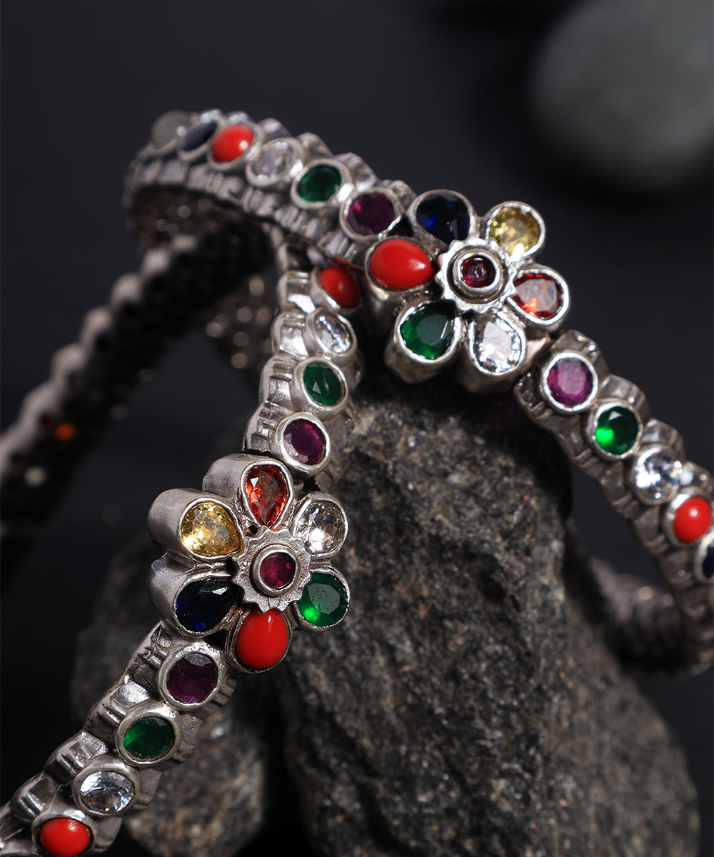 Siddhiksha_Handcrafted_Oxidised_Pure_Silver_Bangles_With_Navratan_Semi_Precious_Stones_WeaverStory_02