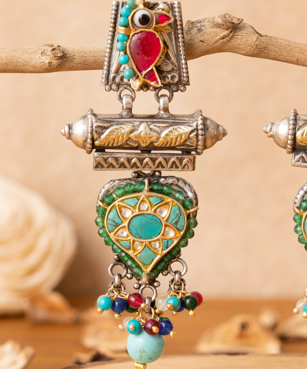 Bahar_Multicoloured_Dangler_Handcrafted_Pure_Silver_Earrings_With_Stones,_Pearls_And_Bird_Motifs_WeaverStory_02