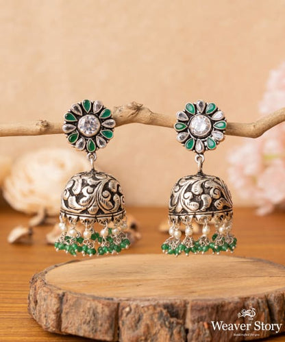 Naseem_Handcrafted_Oxidised_Pure_Silver_Jhumka_Earrings_With_Stones_And_Pearls_WeaverStory_01