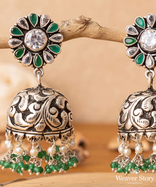 Naseem_Handcrafted_Oxidised_Pure_Silver_Jhumka_Earrings_With_Stones_And_Pearls_WeaverStory_02