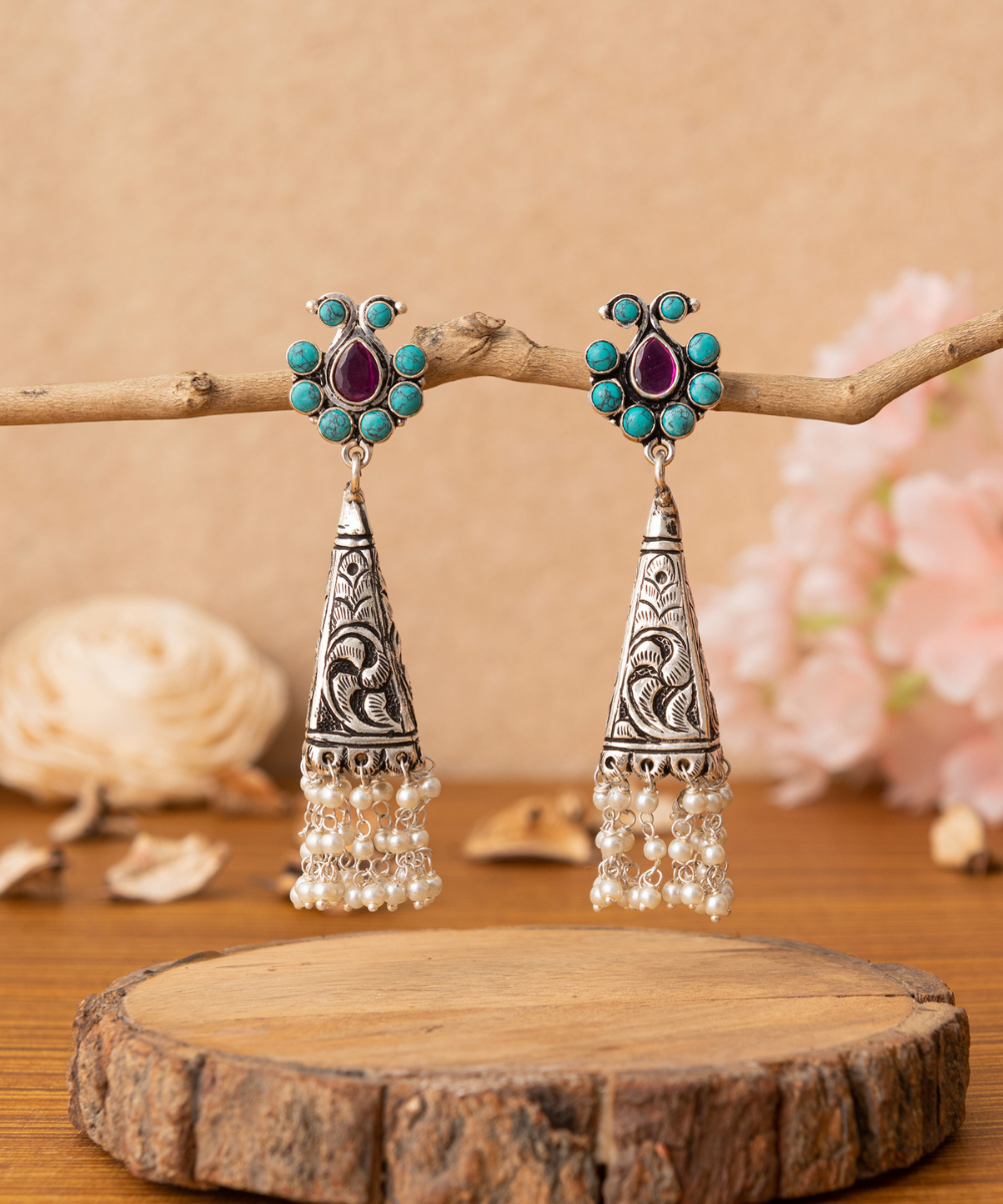 Rizwana_Handcrafted_Oxidised_Pure_Silver_Earrings_With_Stones_And_Pearls_WeaverStory_01