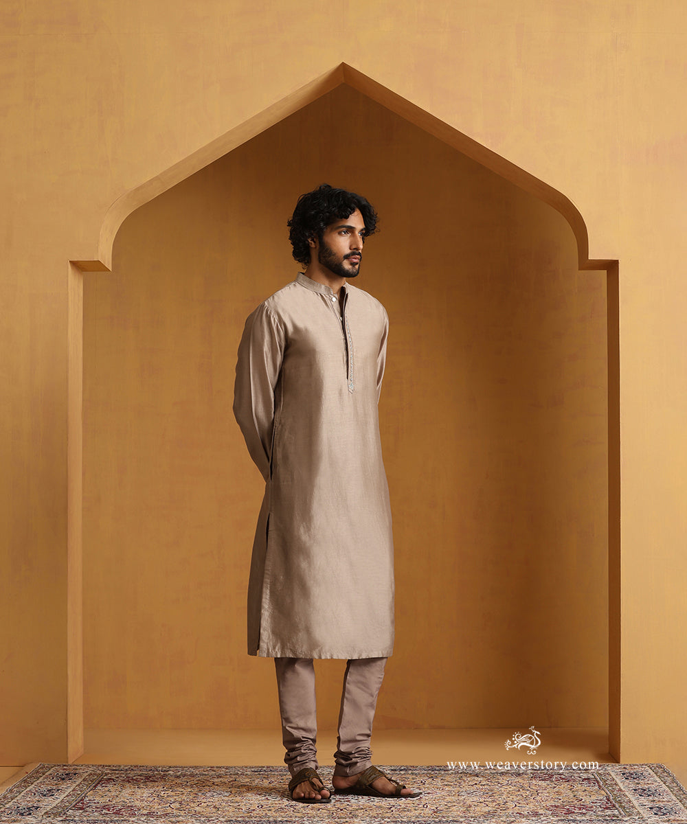 Grey_Hand_Embroidered_Chanderi_Kurta_With_Tagai_On_Collar_And_Churidaar_WeaverStory_01