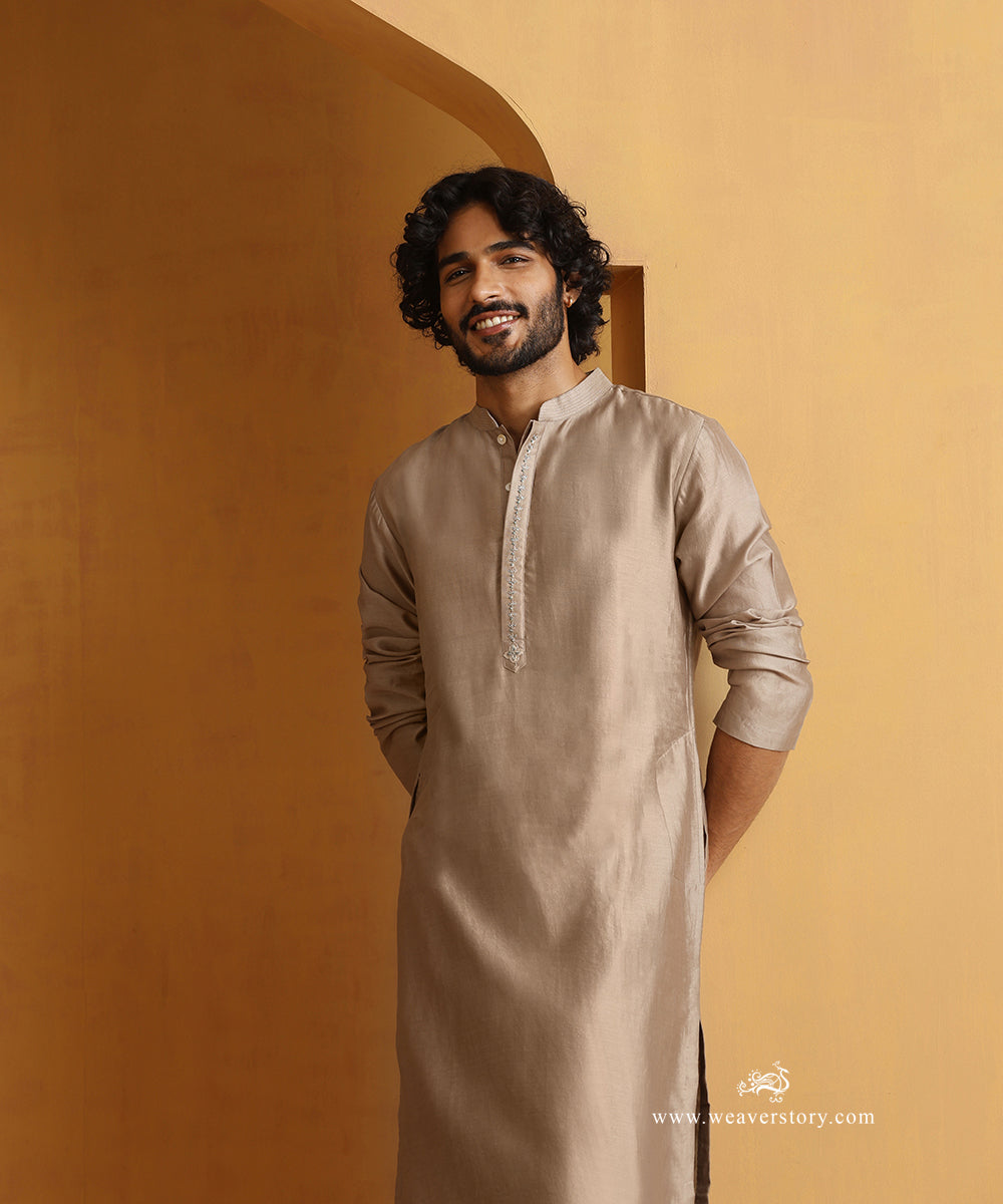 Grey_Hand_Embroidered_Chanderi_Kurta_With_Tagai_On_Collar_And_Churidaar_WeaverStory_02