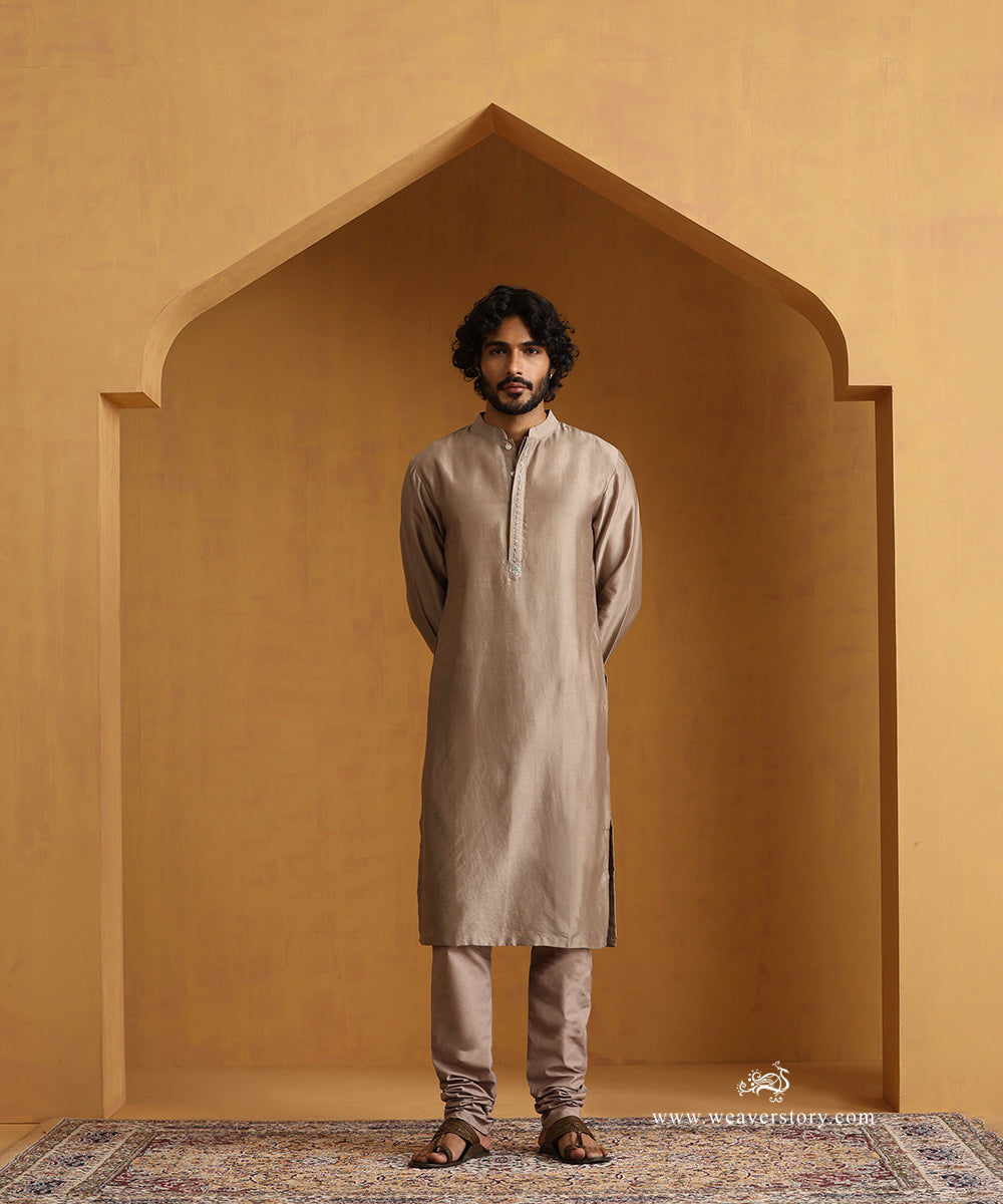 Grey_Hand_Embroidered_Chanderi_Kurta_With_Tagai_On_Collar_And_Churidaar_WeaverStory_04