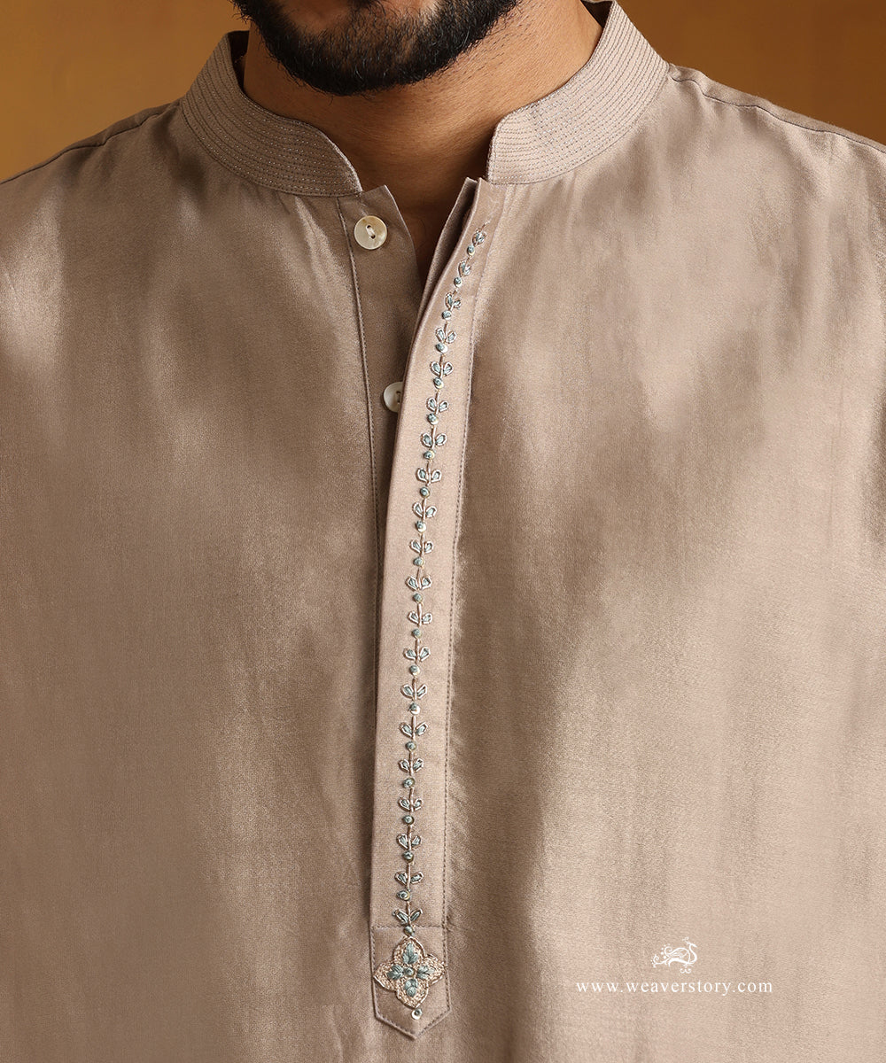 Grey_Hand_Embroidered_Chanderi_Kurta_With_Tagai_On_Collar_And_Churidaar_WeaverStory_05