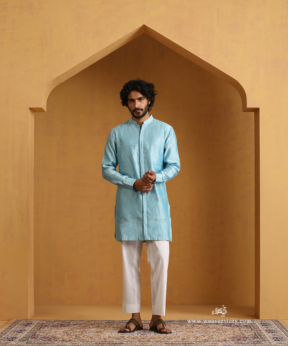 Blue_Hand_Embroidered_Chiniya_Silk_Kurta_With_Cotton_Pants_WeaverStory_01