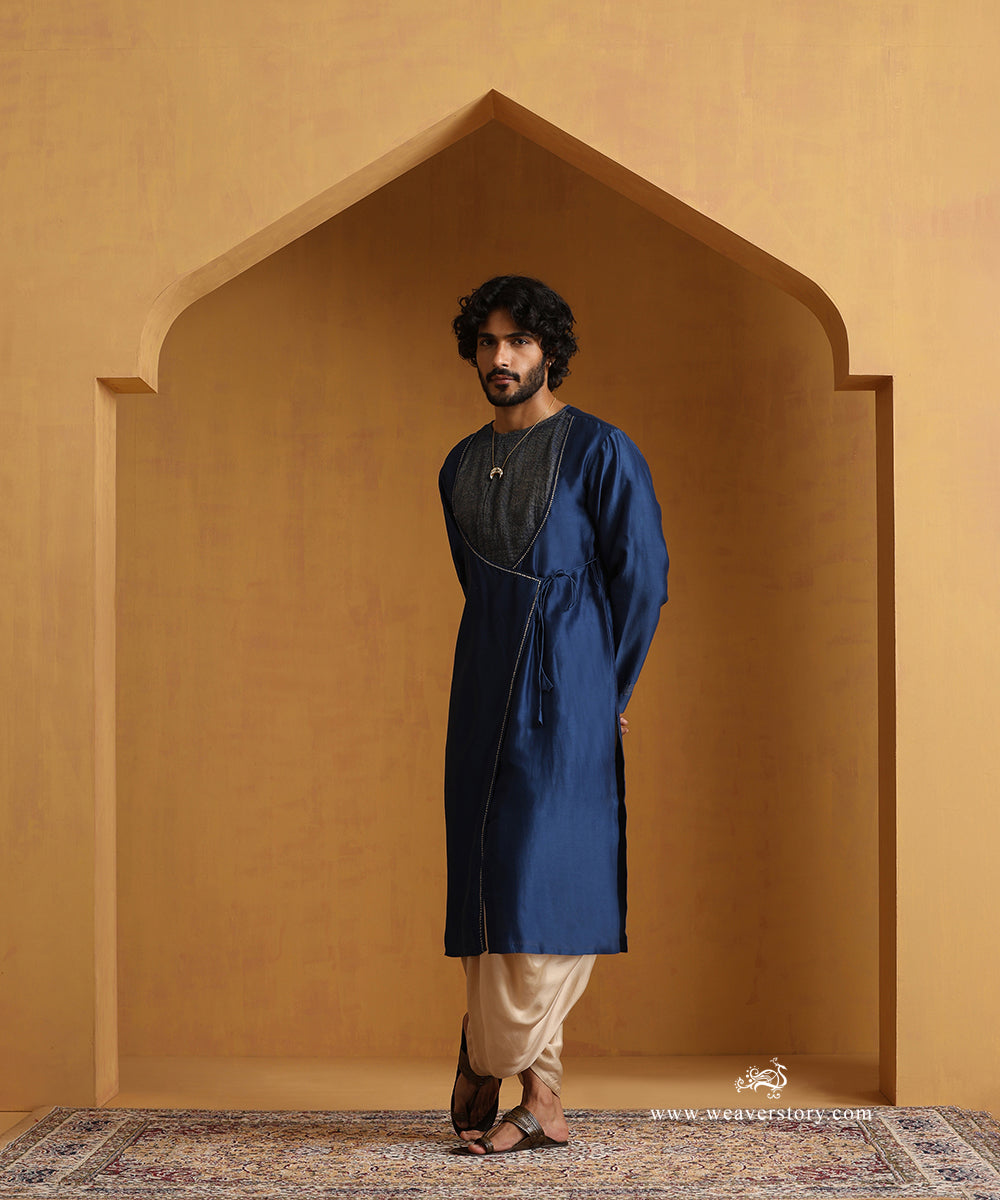 Blue_Angrakha_Kurta_With_Tagai_Detailing_And_Gold_Satin_Dhoti_WeaverStory_01