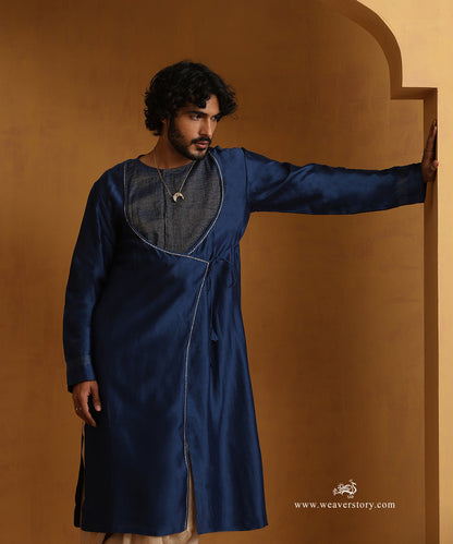 Blue_Angrakha_Kurta_With_Tagai_Detailing_And_Gold_Satin_Dhoti_WeaverStory_02