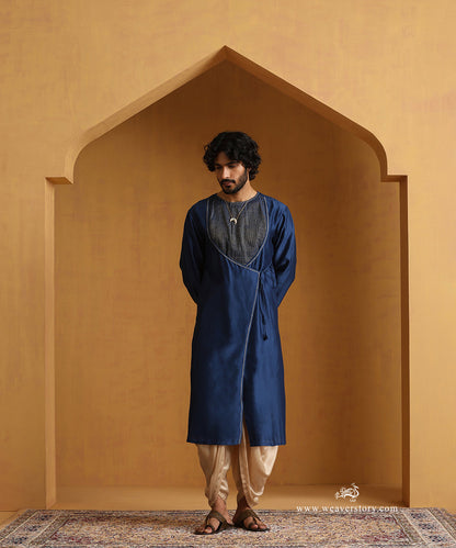 Blue_Angrakha_Kurta_With_Tagai_Detailing_And_Gold_Satin_Dhoti_WeaverStory_03