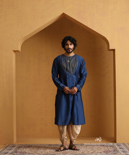 Blue_Angrakha_Kurta_With_Tagai_Detailing_And_Gold_Satin_Dhoti_WeaverStory_05