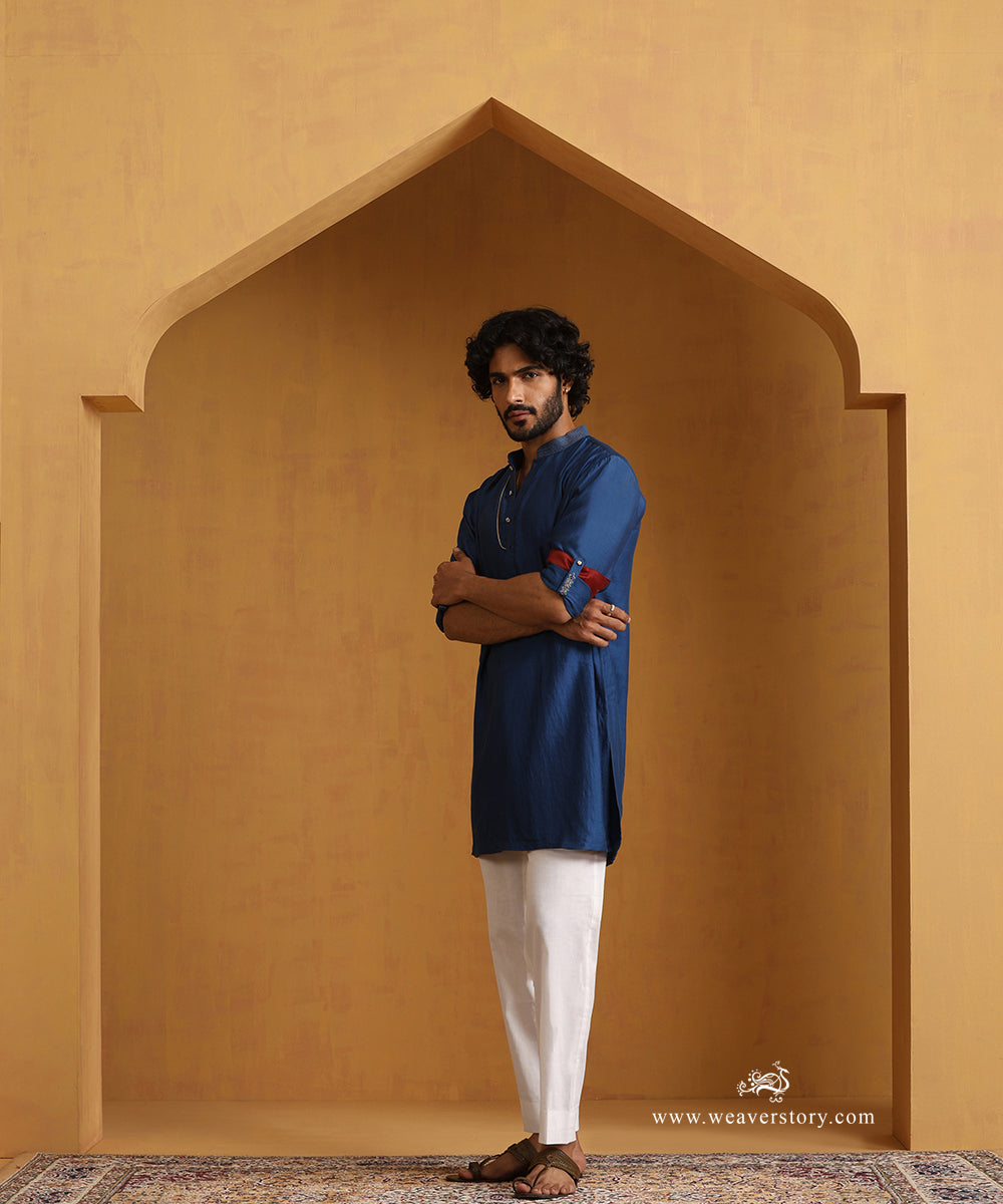 Blue_Hand_Embroidered_Chanderi_Kurta_With_Cotton_Pants_WeaverStory_01