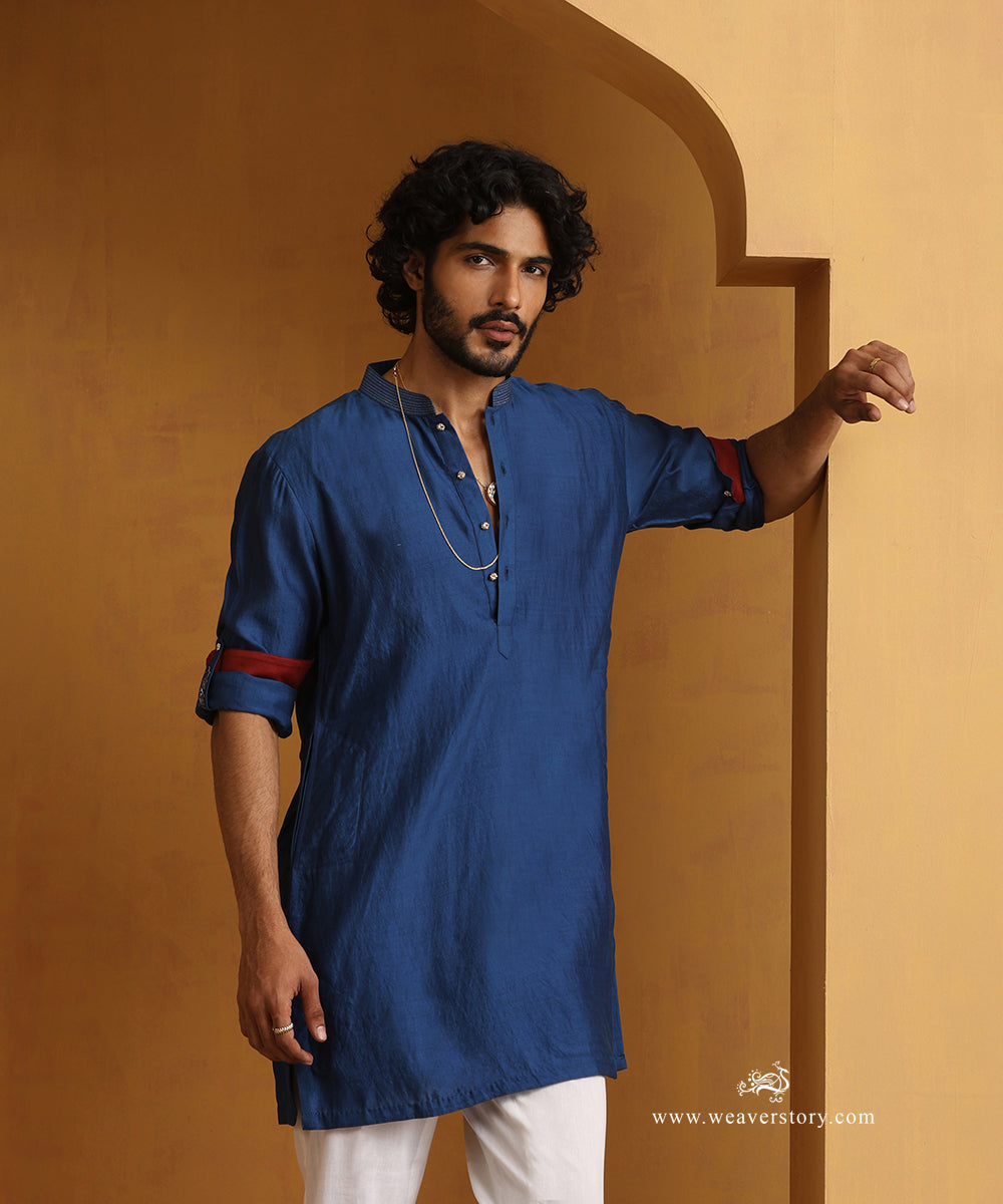 Blue_Hand_Embroidered_Chanderi_Kurta_With_Cotton_Pants_WeaverStory_02