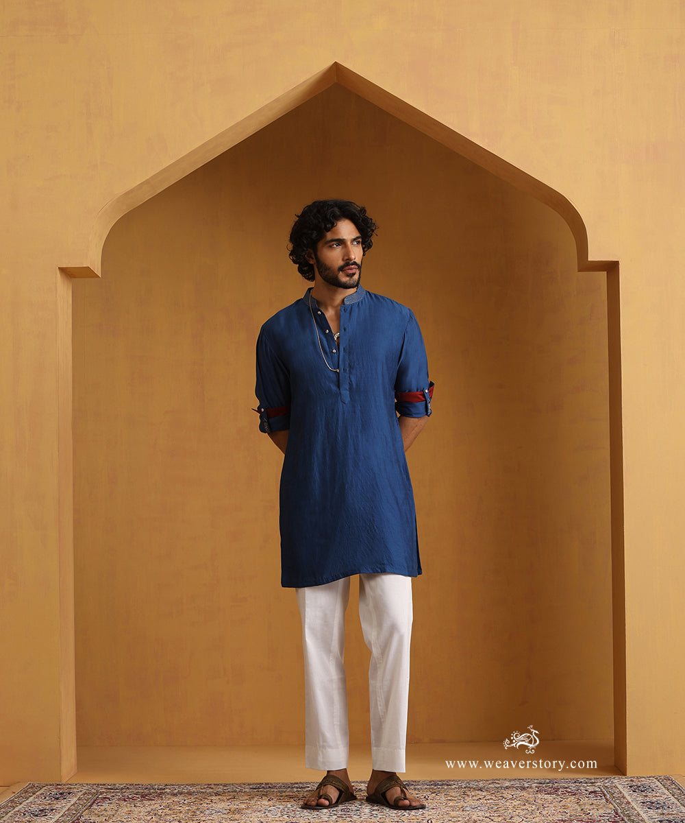 Blue_Hand_Embroidered_Chanderi_Kurta_With_Cotton_Pants_WeaverStory_03