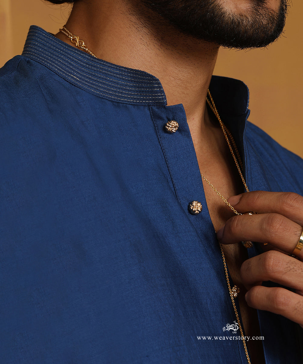 Blue_Hand_Embroidered_Chanderi_Kurta_With_Cotton_Pants_WeaverStory_04