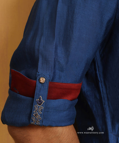 Blue_Hand_Embroidered_Chanderi_Kurta_With_Cotton_Pants_WeaverStory_05