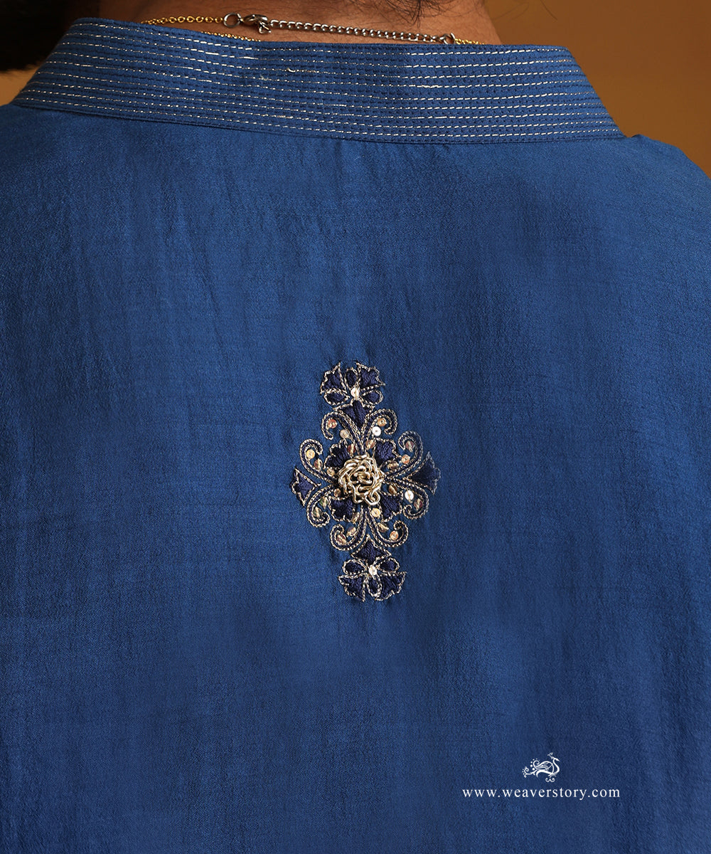 Blue_Hand_Embroidered_Chanderi_Kurta_With_Cotton_Pants_WeaverStory_06