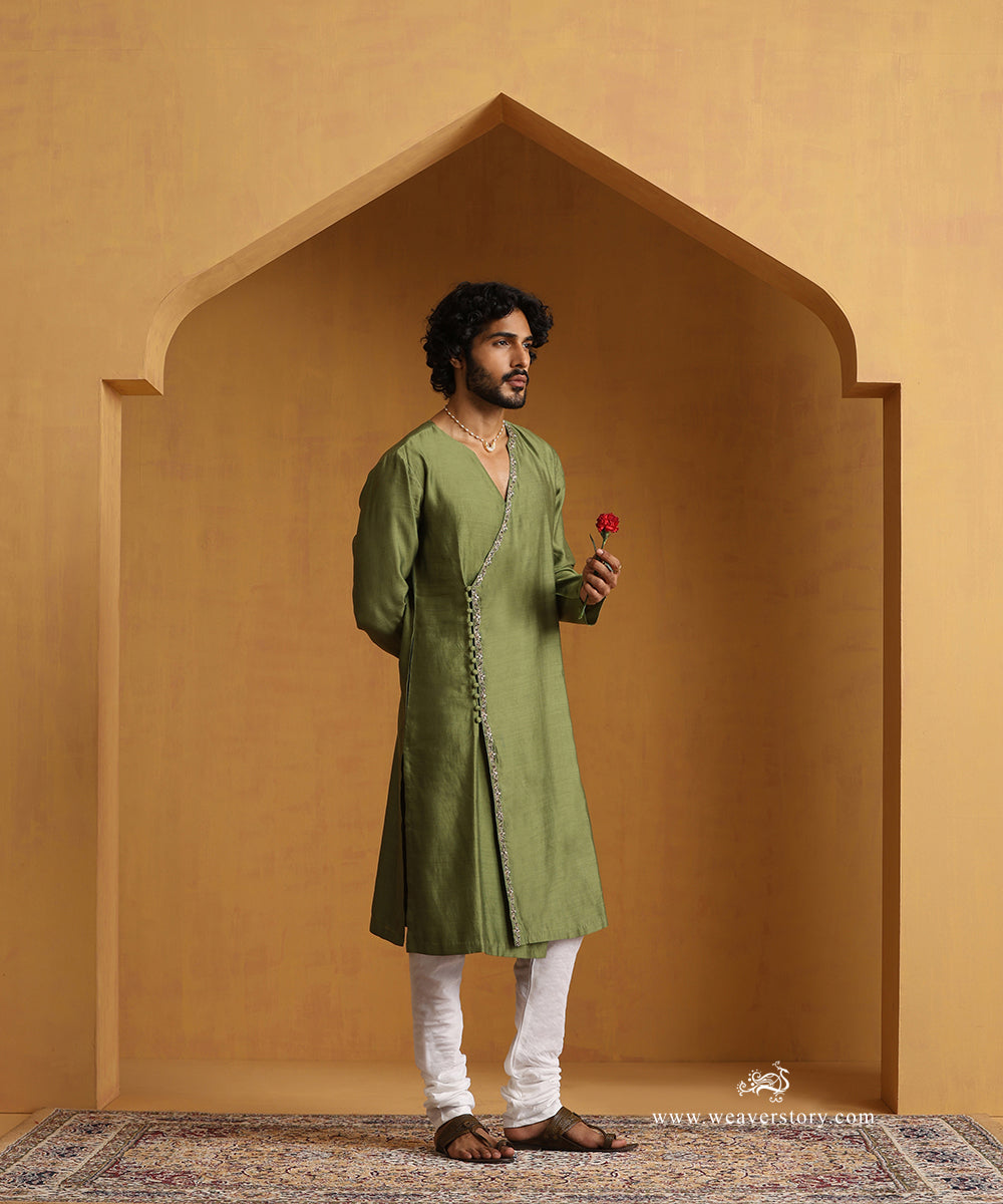 Green_Hand_Embroidered_Kurta_With_Cotton_Churidar_WeaverStory_01