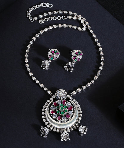 Ravayat_Handcrafted_Oxidised_Pure_Silver_Necklace_Set_With_Onyx_And_Ruby_WeaverStory_01