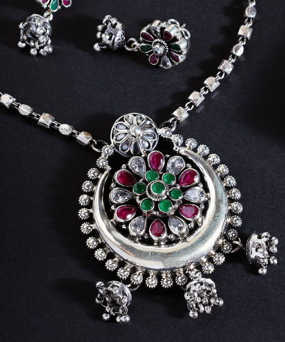 Ravayat_Handcrafted_Oxidised_Pure_Silver_Necklace_Set_With_Onyx_And_Ruby_WeaverStory_02