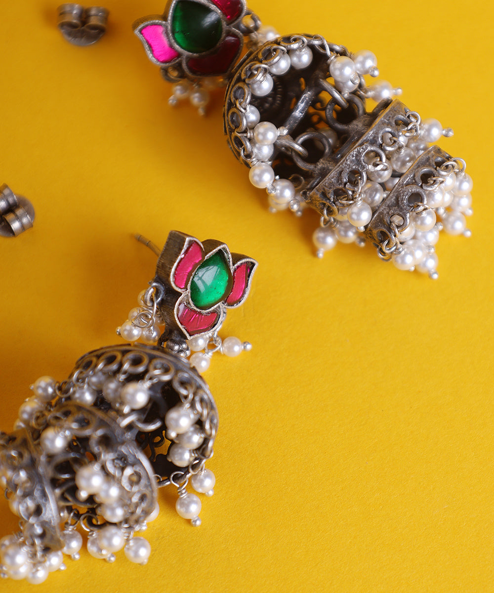 Sabah_Handcrafted_Oxidised_Pure_Silver_Earrings_With_Pearls_And_Kempstones_In_Lotus_Motifs_WeaverStory_02
