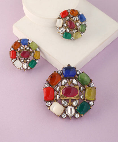 Vanya_Handcrafted_Pure_Silver_Navratna_Pendant_Set_WeaverStory_01